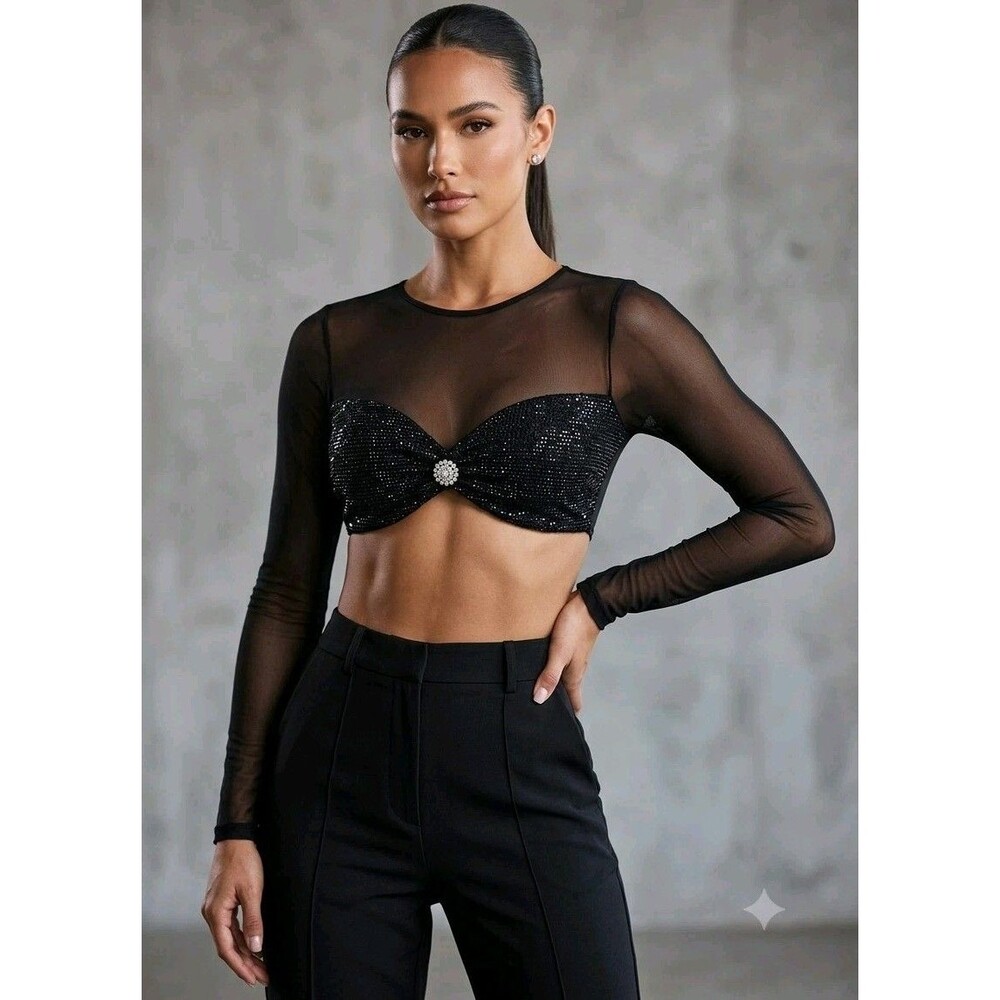 MAY PINK Black Mesh Top Sequin Bustier Rhinestone Brooch Party Night Out Size S